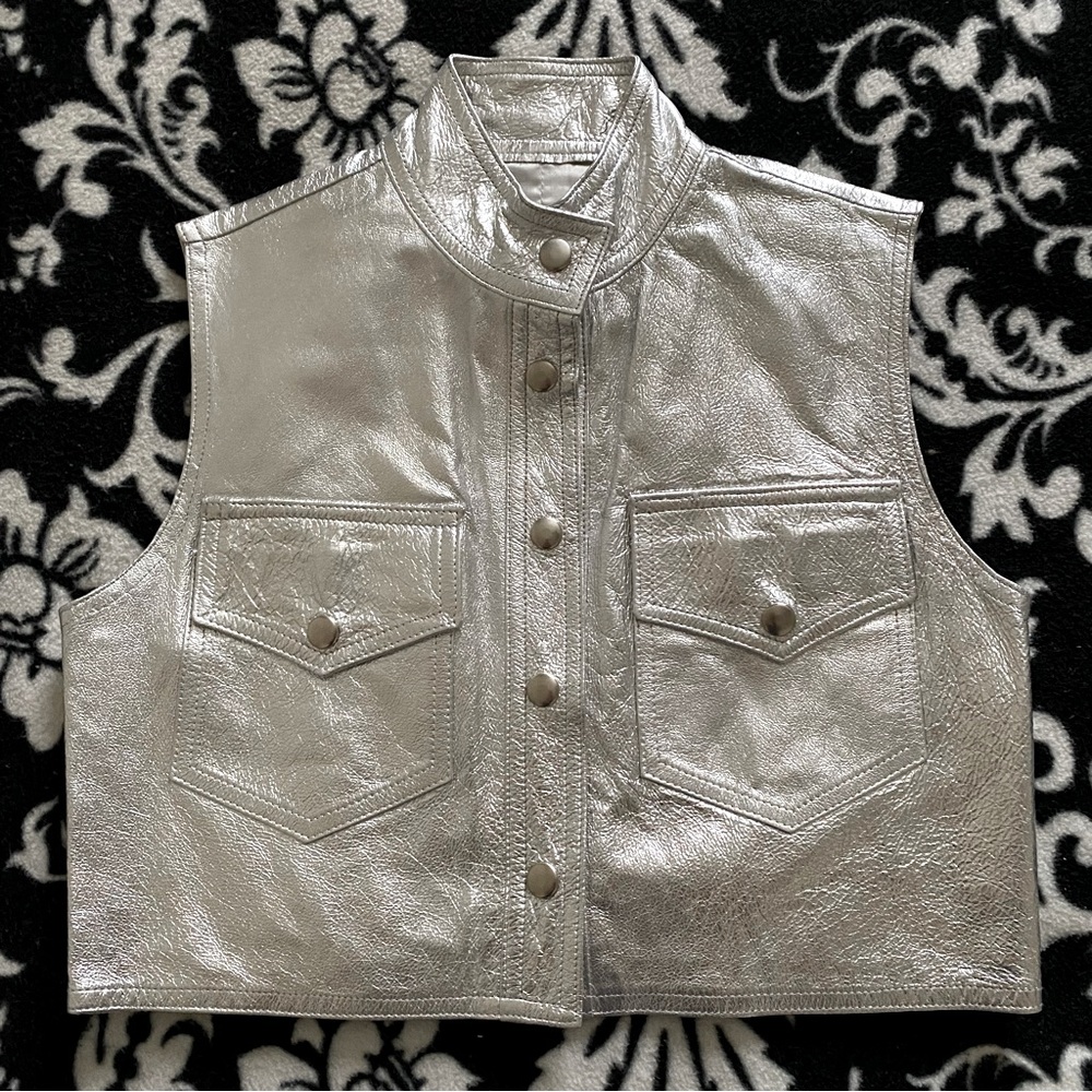 CACHE Silver Metallic Leather Cropped Vest Size XS